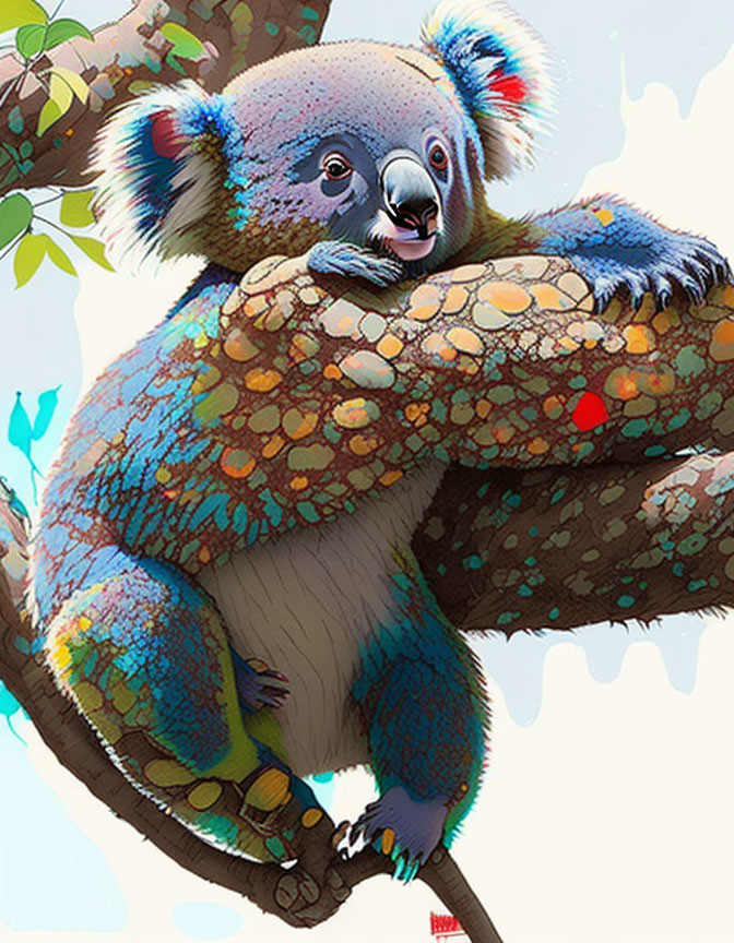 Vibrant koala artwork on tree branch with blue and green hues