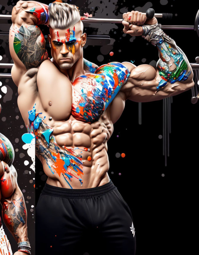 Tattooed man with mohawk doing bicep curl with colorful paint splashes