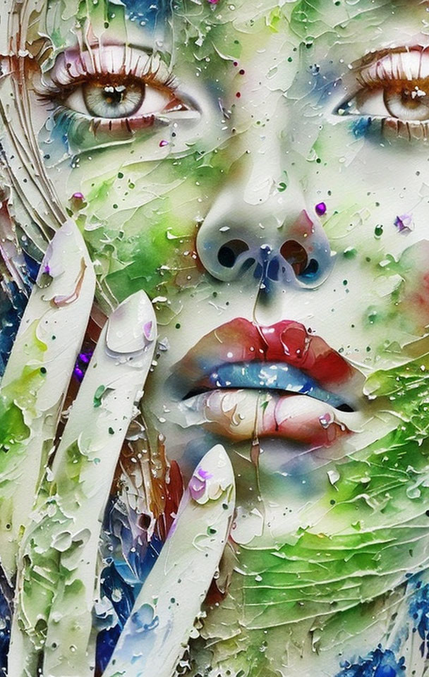 Colorful artistic portrayal of a woman's face with dynamic paint streaks.