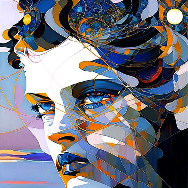 Colorful abstract female face artwork with intricate patterns blending realism and surrealism