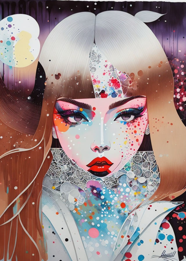 Vibrant portrait of a woman with bold makeup and abstract patterns