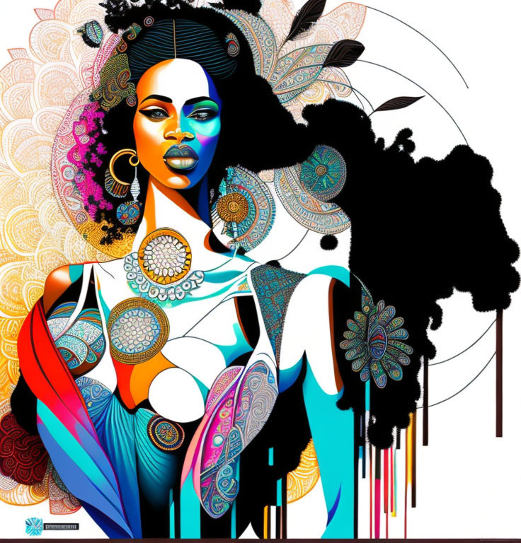 Woman with artistic makeup and colorful patterns: Black hair, feathers, intricate jewelry