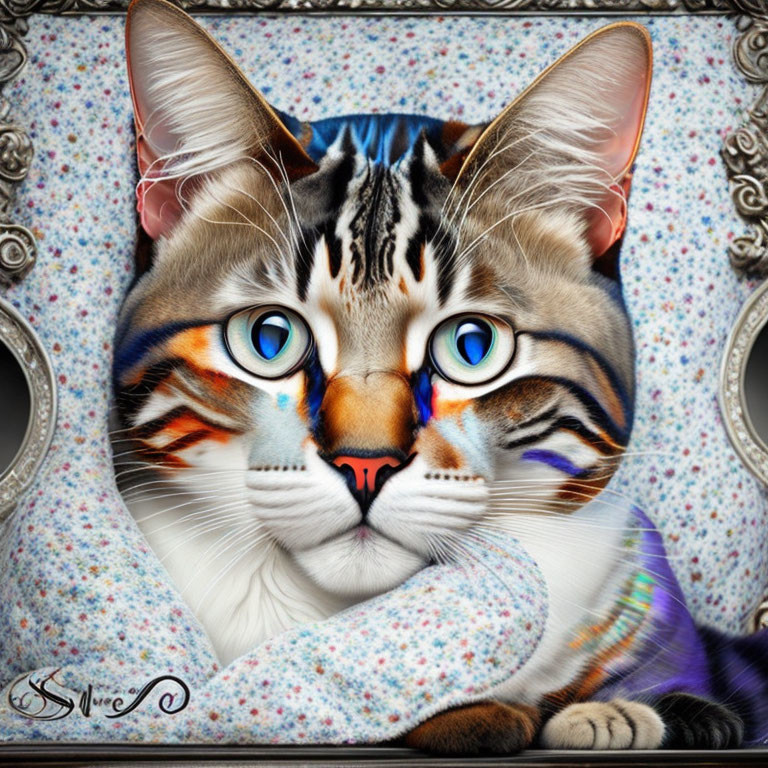 Digital Artwork: Cat with Vivid Blue Eyes & Patterned Fur in Multicolored Scarf