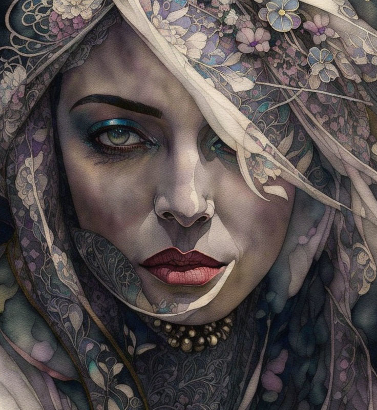 Detailed Illustration: Woman with Striking Blue Eyes, Floral Headpiece, and Lace Veil