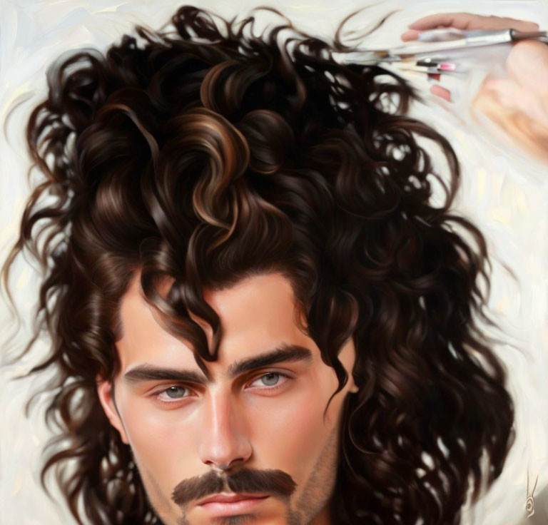 Detailed hyper-realistic portrait of a man with wavy brown hair and mustache, painting his own