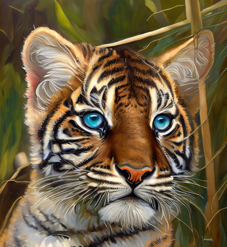 Tiger cub with blue eyes in tall grass: detailed fur textures & warm colors