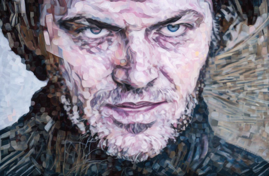 Stylized mosaic portrait of a man with intense blue and white eyes