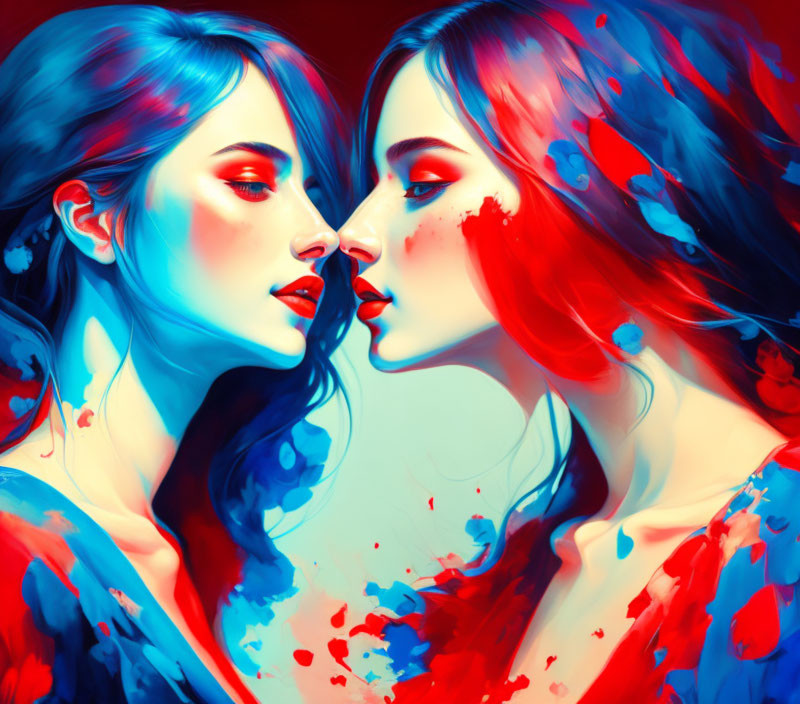 Vibrant digital artwork: Two women in blue and red hues