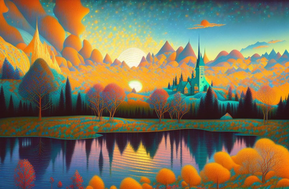 Surreal landscape with orange skies, setting sun, castle, and colorful trees