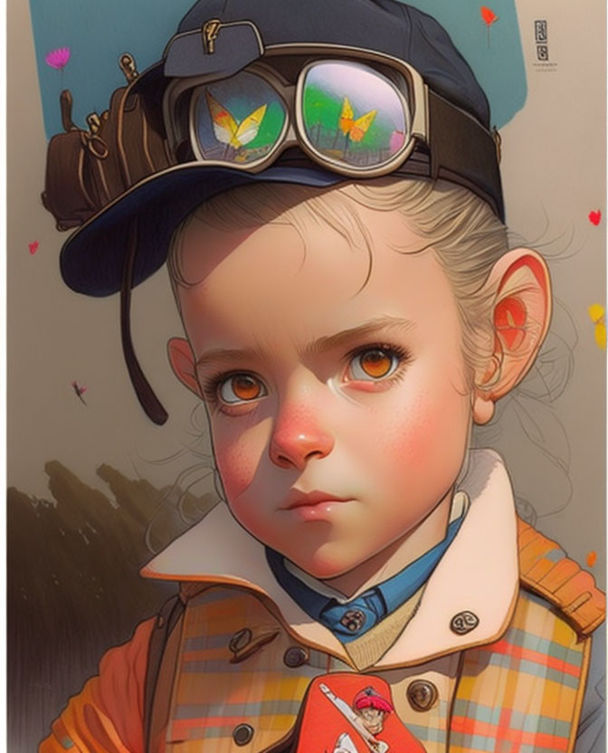 Child with big eyes in cap and glasses, surrounded by butterflies and wearing a jacket.