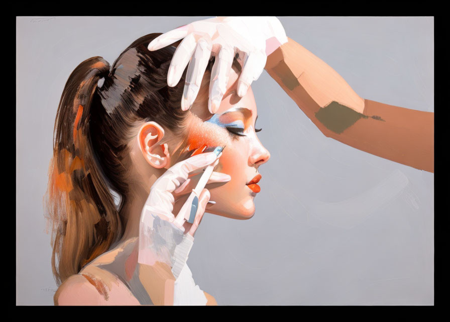 Woman with Orange Makeup Touched by Multiple Hands in Artistic Painting