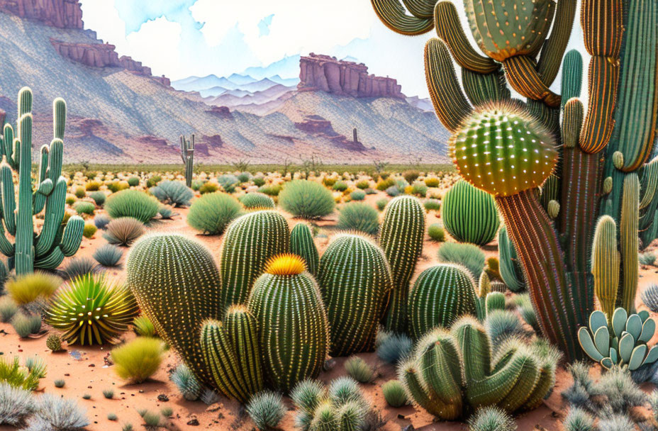 Colorful desert scenery with various cacti, flat terrain, and layered mountains under cloudy sky