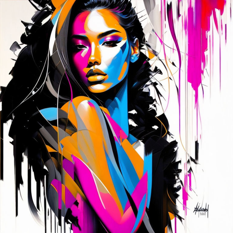 Colorful Abstract Portrait of Woman with Blue and Pink Hues