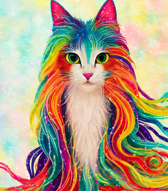 Colorful Cat Illustration with Rainbow Fur on Pastel Galaxy Background