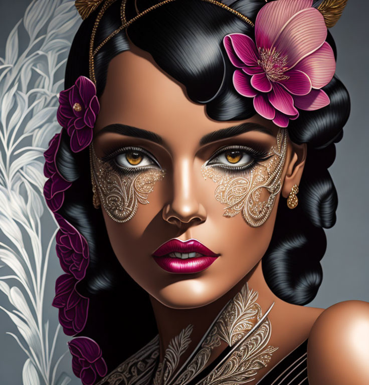 Portrait of woman with ornate makeup, dark hair, pink flowers, and gold jewelry