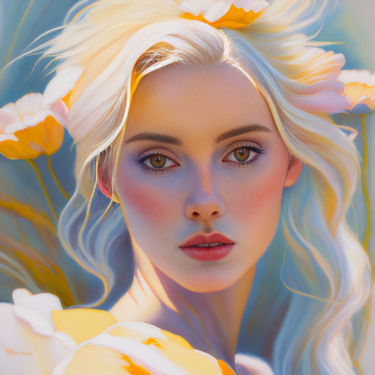 Blonde Woman Portrait with Yellow Flowers