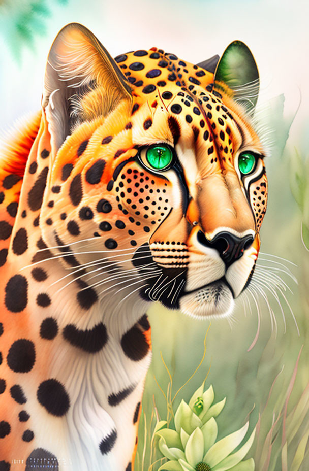 Detailed Leopard Illustration with Green Eyes and Orange Fur