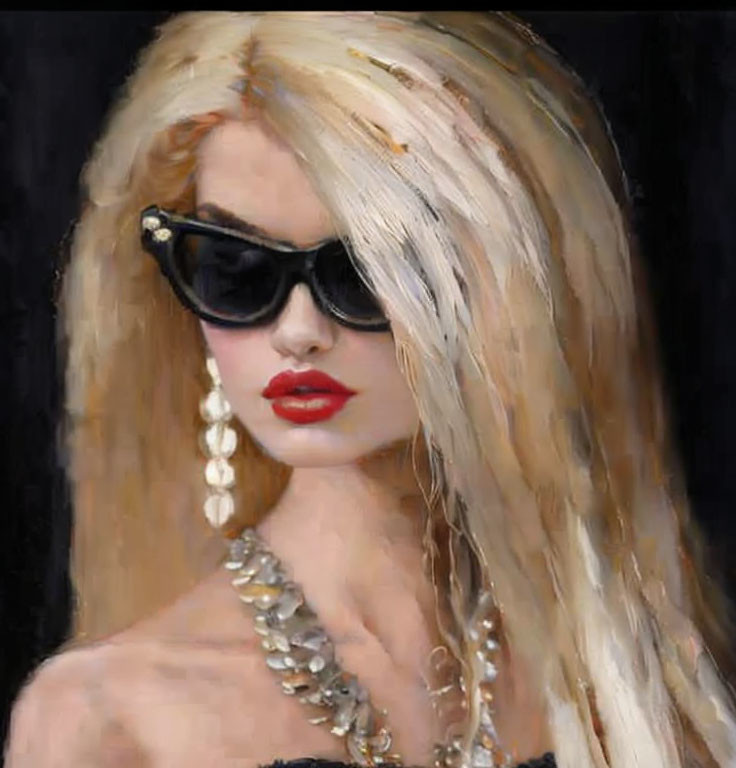 Blonde Woman in Sunglasses with Red Lipstick and Pearl Earrings