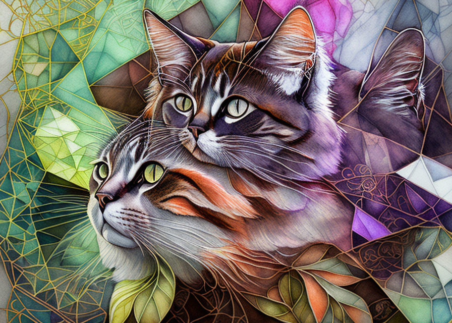 Colorful geometric background showcases two cats with striking eyes