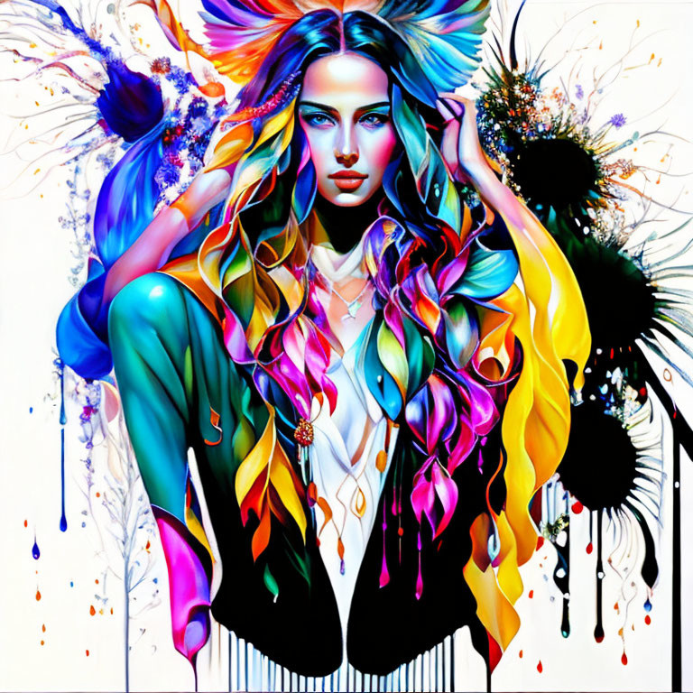 Colorful digital artwork: Woman with multicolored hair and eyes, abstract floral elements.