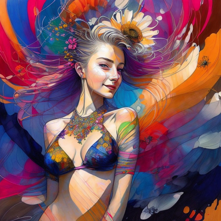 Colorful Illustration of Woman with Flowing Hair and Abstract Shapes