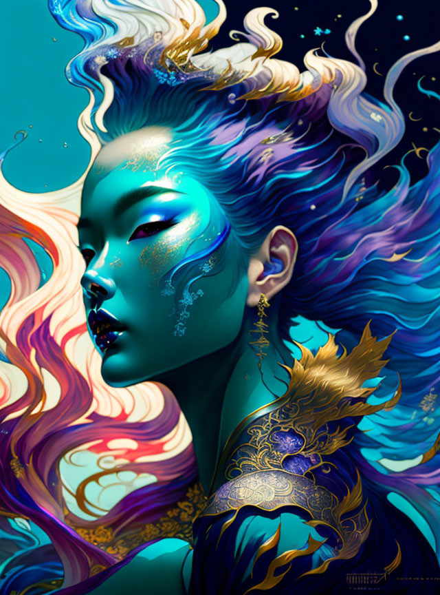 Vibrant digital artwork: Blue-skinned woman with multicolored hair