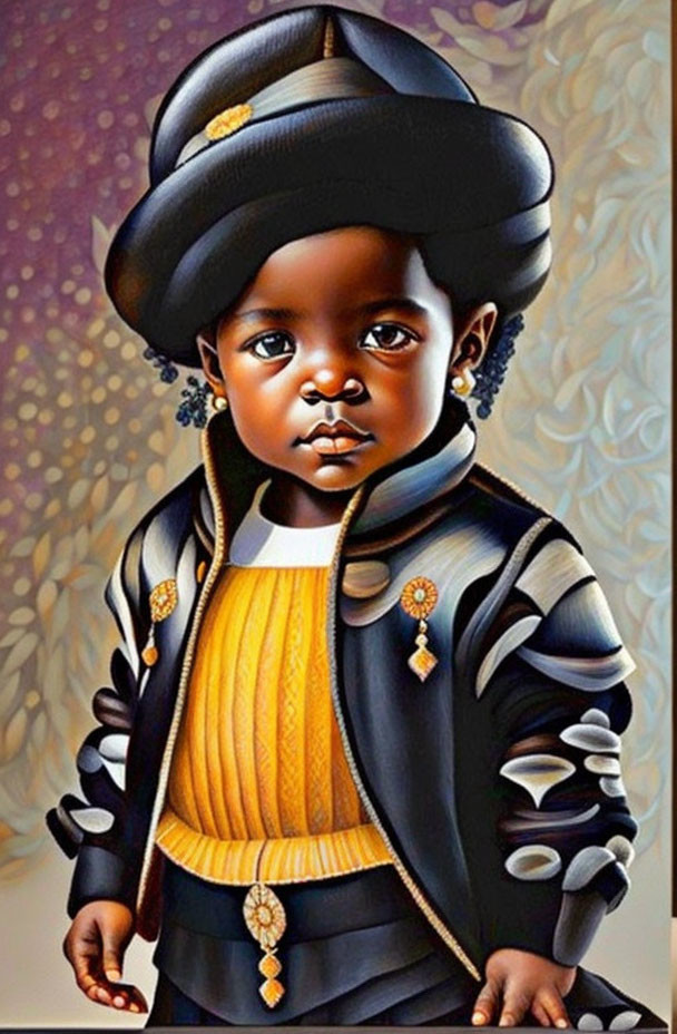 Child with big eyes in stylish black hat and jacket on ornate background