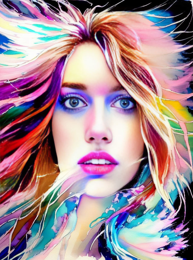 Colorful artwork: Woman with feather-like hair and blue eyes on vibrant background