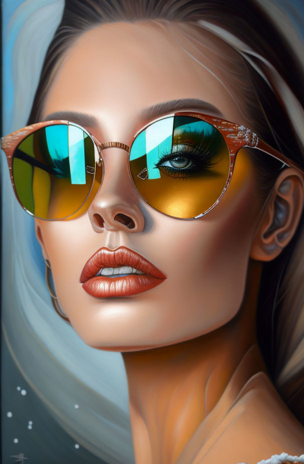 Portrait of woman with green eyes in reflective sunglasses and bold lipstick