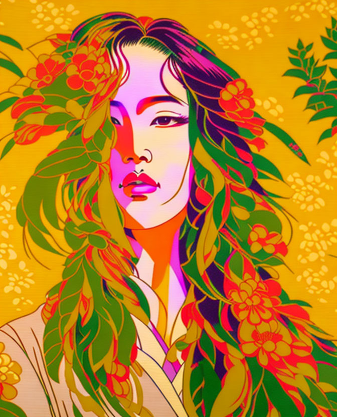 Vibrant portrait of a woman with floral hair patterns on yellow background