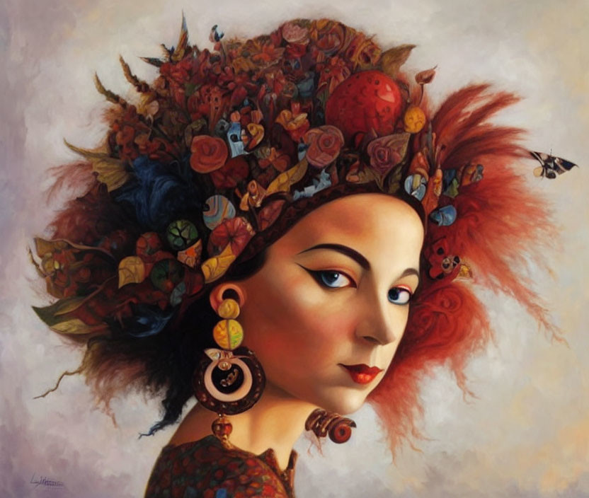 Colorful portrait of woman with elaborate floral headdress & butterflies