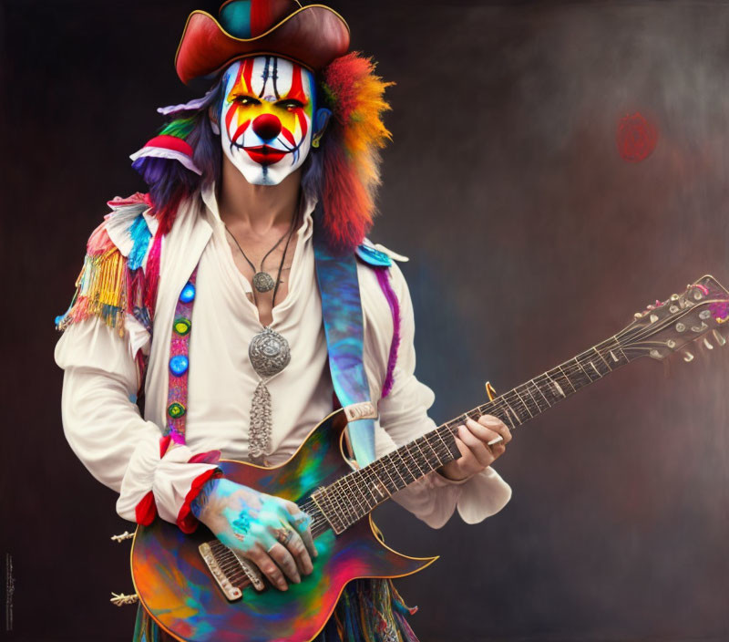 Colorful Clown Playing Electric Guitar in Vibrant Makeup