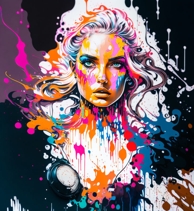 Colorful portrait of woman with expressive blue eyes and paint splashes on dark background