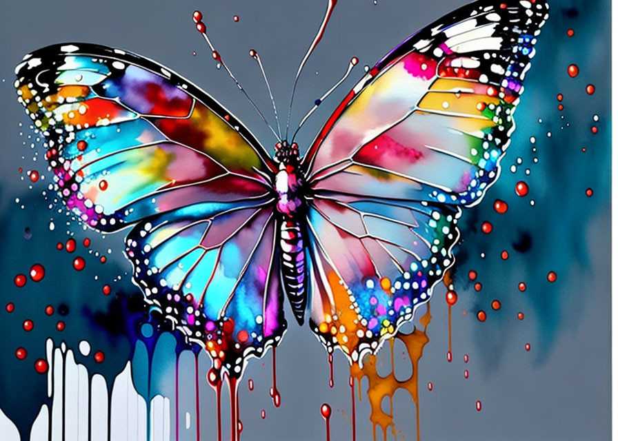 Colorful Butterfly Art with Watercolor and Paint Drips on Grey Background