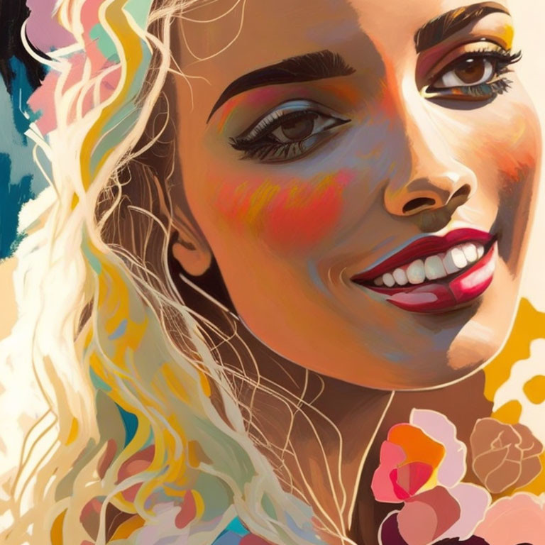 Colorful portrait of smiling woman with blonde hair and floral details