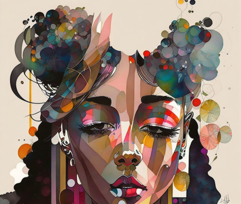 Vibrant abstract portrait of a woman with paint splashes and patterns