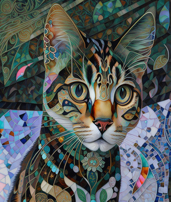 Vibrant mosaic-style cat illustration with intricate patterns