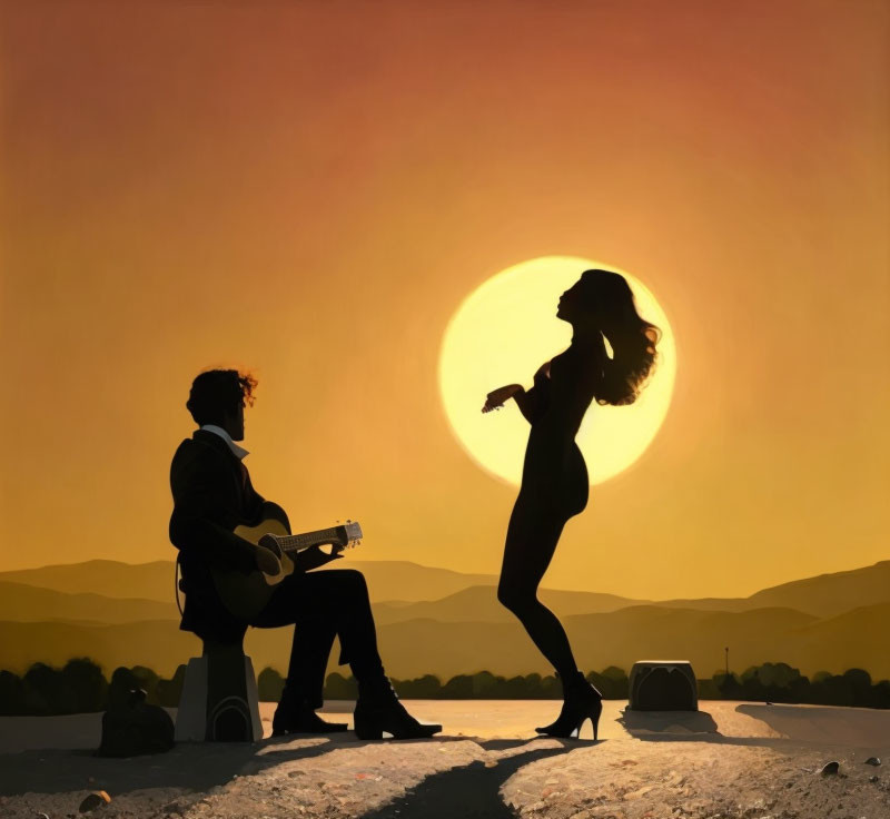 Man playing guitar and woman dancing against sunset backdrop with large sun.