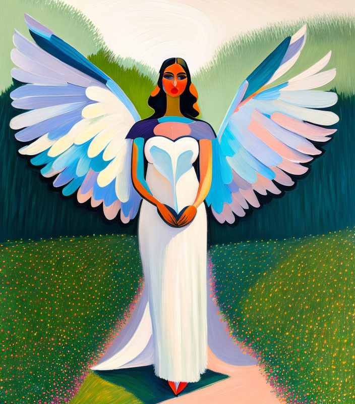 Colorful Angelic Figure with Multicolored Wings in Green Landscape Holding Heart