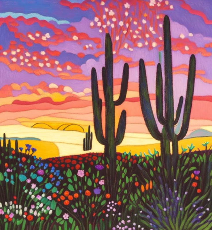 Colorful desert scene with saguaro cacti and sunset sky