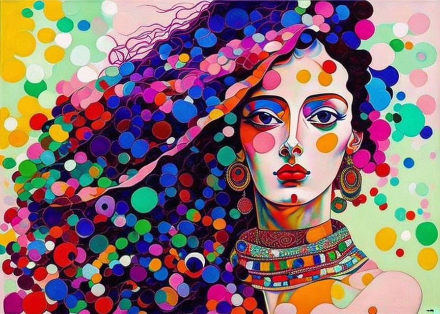 Colorful Stylized Woman Painting with Multicolored Dots and Bold Features