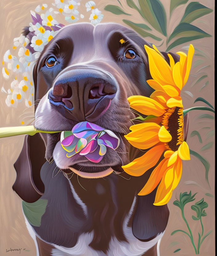 Brown and White Dog with Sunflower and Paintbrush Surrounded by Florals