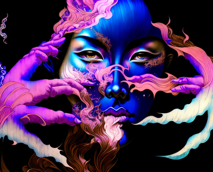 Colorful digital artwork: Blue and purple face with pink and white swirls