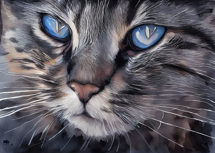 Striking Blue-Eyed Cat Portrait in Watercolor Style