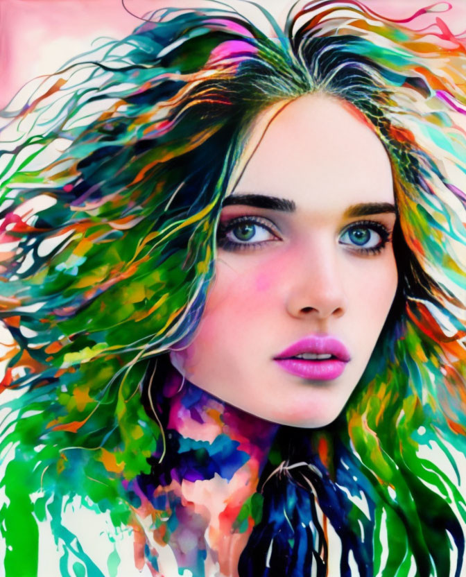 Colorful digital artwork: Woman with flowing multicolored hair and blue eyes