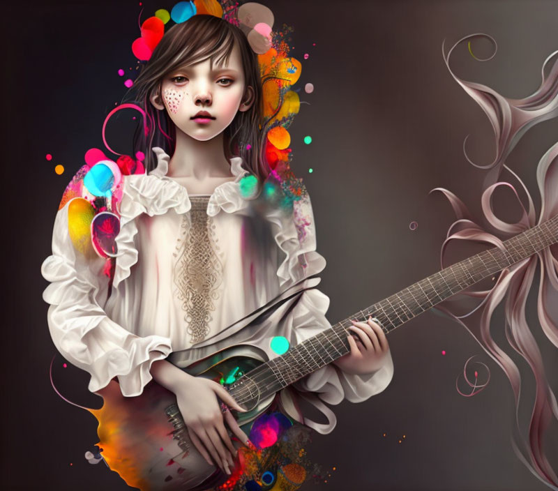 Pale-skinned girl in white blouse plays stringed instrument amidst colorful swirls