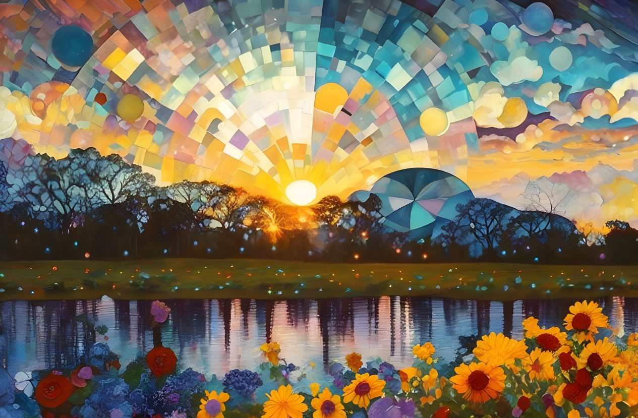 Colorful Sunset Painting with River, Geometric Sky, Hot Air Balloons, and Sunflowers