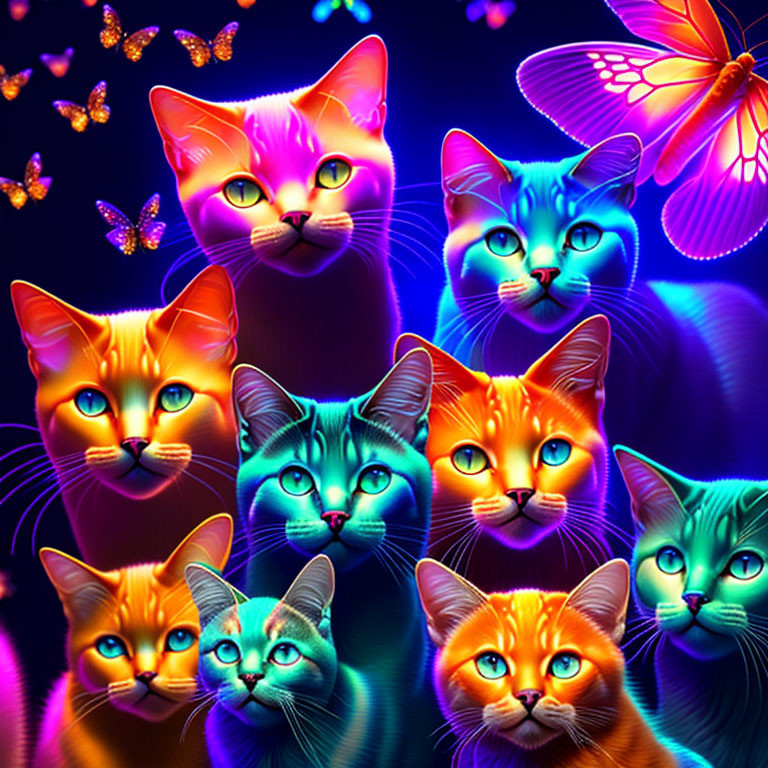 Colorful neon cats and butterflies digital artwork on dark background