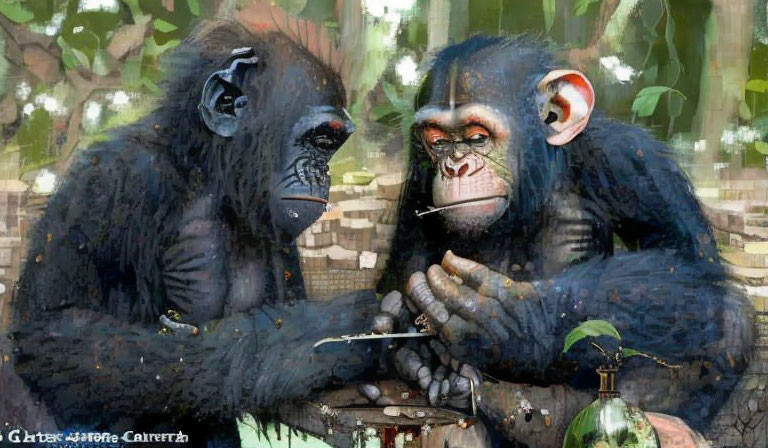 Chimpanzees with painting tools creating art on canvas