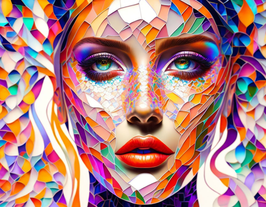 Vibrant Mosaic-Style Digital Artwork of Woman's Face